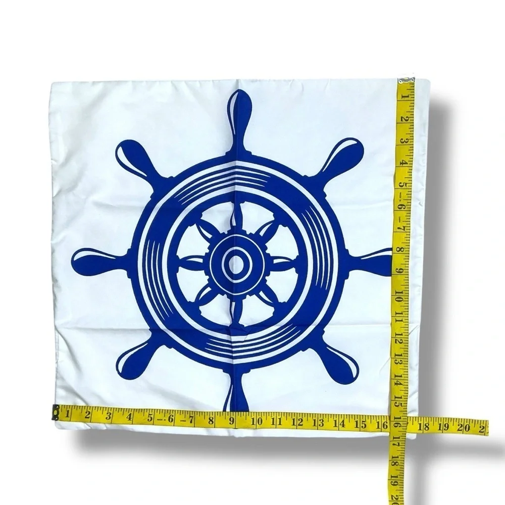 Coastal Pillow Cover Ship Wheel Nautical Beach Decor Square 17.75 in Blue White